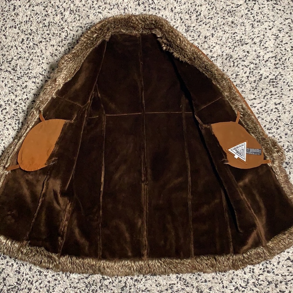 Marvin Richards Vintage Brown Leather Lined Fur Trim Long Coat XL - Picture 7 of 13